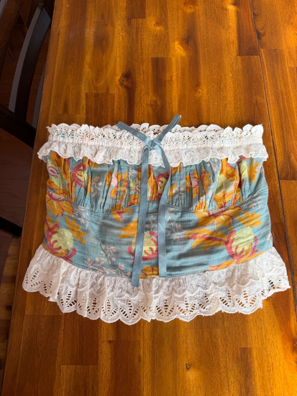 NWT Free People Bustier Strapless Floral Corset Top with Lace Trim Teal & Cream - Picture 4 of 6